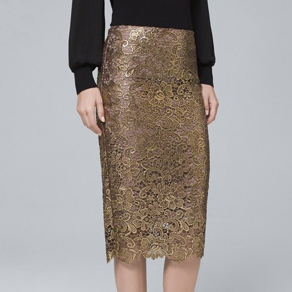 NEW WHBM Metallic Gold Lace Midi Skirt - Picture 1 of 13